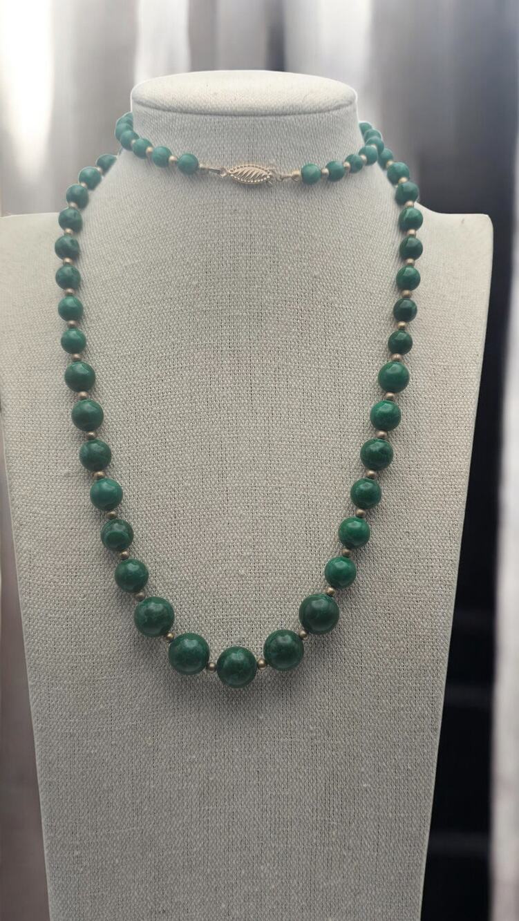 Green Stone Beaded Necklace 30” Long Strand Classic Clasp Earthy Luxe Statement